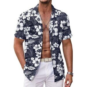Men's Navy-white Flower Casual Short Sleeve Button Down Textured Beach Shirts